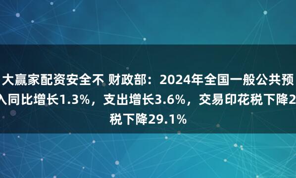 大赢家配资安全不 财政部：2024年全国一般公共预算收入同比增长1.3%，支出增长3.6%，交易印花税下降29.1%